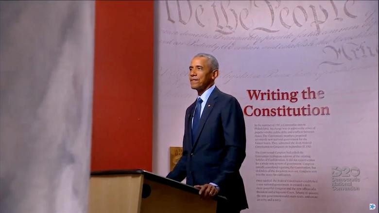 Former U.S. President Barack Obama speaks by video feed during the virtual 2020 Democratic National Convention as participants from across the country are hosted over video links from the originally planned site of the convention in Milwaukee, Wisconsin. 2020 Democratic National Convention/Pool via REUTERS    